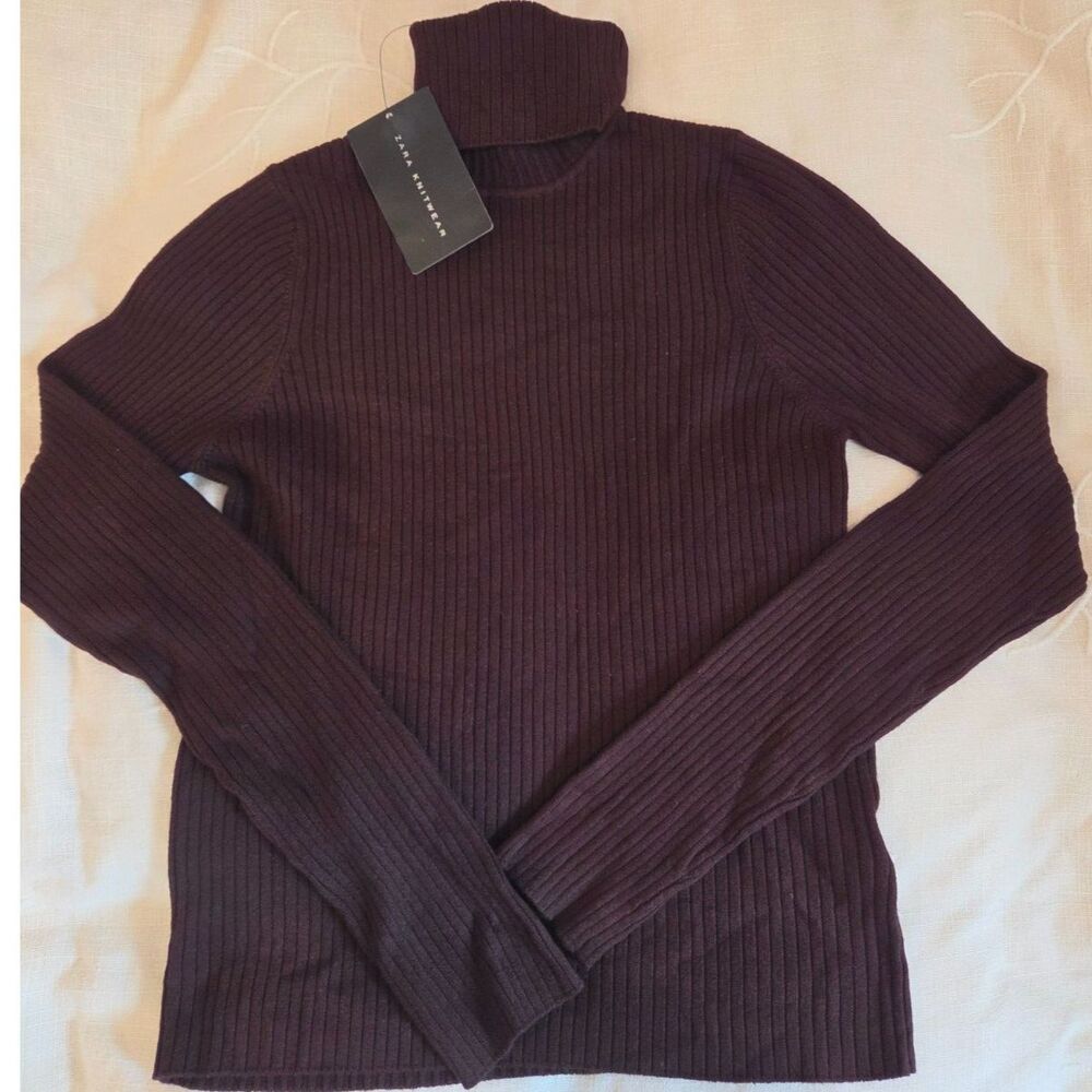 NWT Zara Knitwear Chocolate Brown Ribbed Knit Turtleneck Sweater Size L